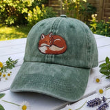 Red Fox Embroidered Hat, Charcoal Washed Denim Baseball Cap, Woodland Wildlife Gift