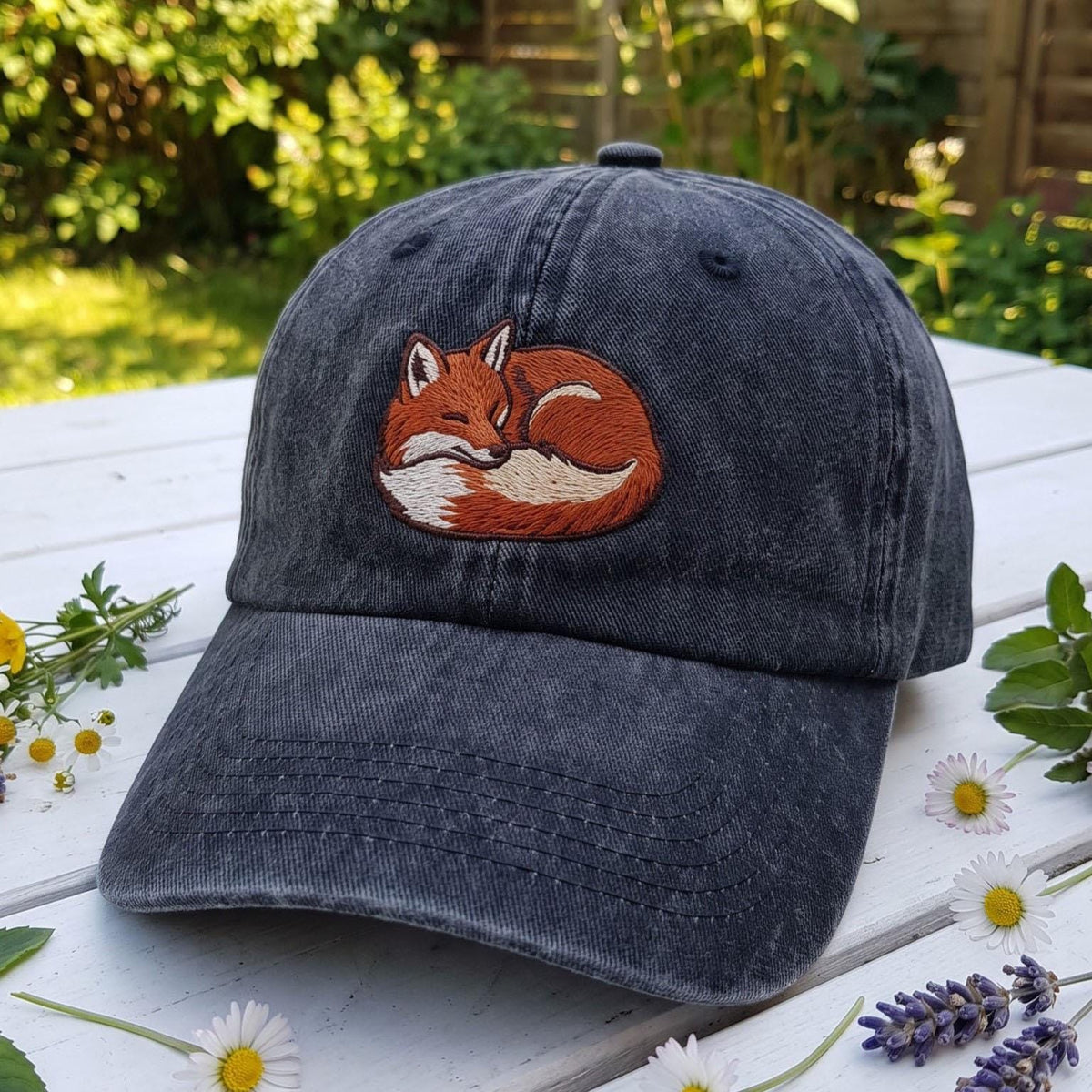 Red Fox Embroidered Hat, Charcoal Washed Denim Baseball Cap, Woodland Wildlife Gift