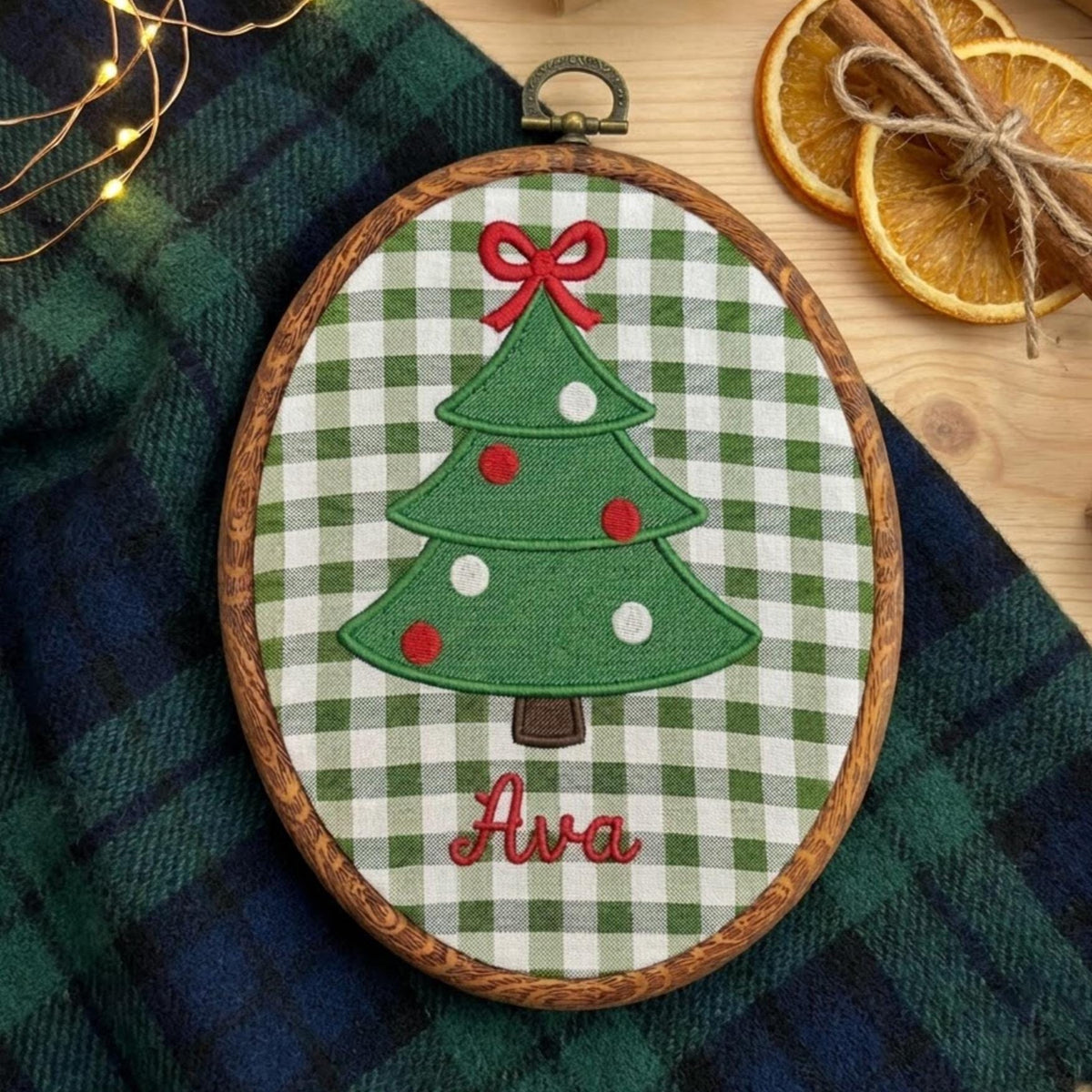 Custom Name Christmas Ornament, Embroidered Tree Hoop Hanging, Neutral Gingham Xmas Decor, Personalized Baby Holiday Keepsake Gift 2026