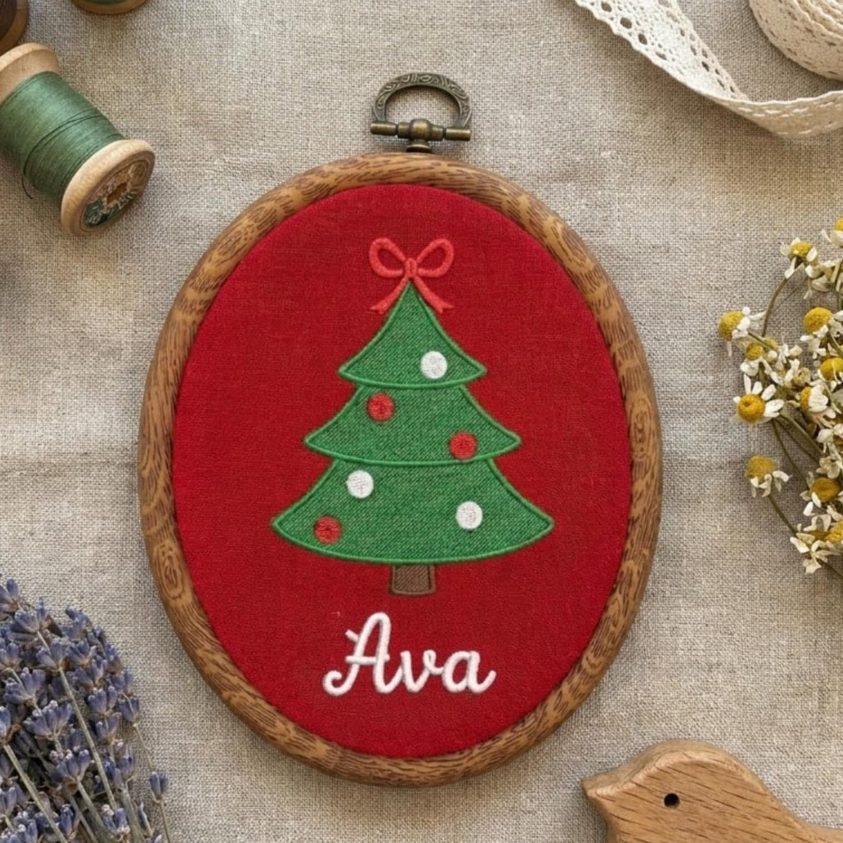 Custom Name Christmas Ornament, Embroidered Tree Hoop Hanging, Neutral Gingham Xmas Decor, Personalized Baby Holiday Keepsake Gift 2026