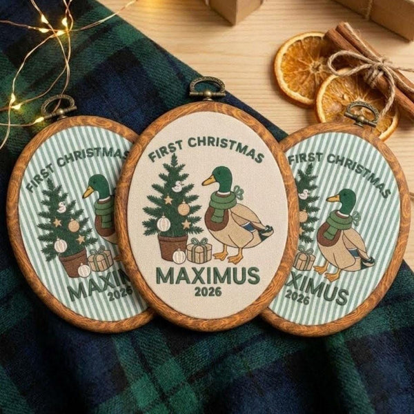 Personalized Baby First Christmas Ornament 2026, Cute Mallard Duck Embroidered Hoop, Custom Boy Keepsake, Vintage Woodland Xmas Decor