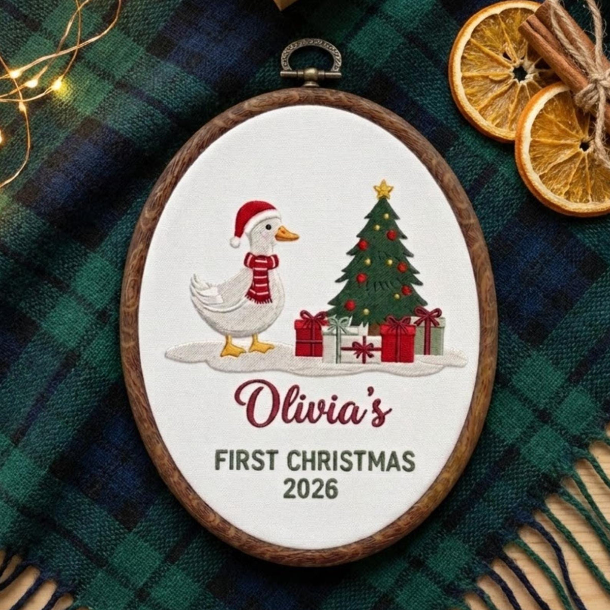Custom Name Christmas Ornament, Baby 1st Xmas Gift 2026, Embroidered Duck Tree Hoop Decor, Blue Gingham Farmhouse Keepsake Tree Hanging