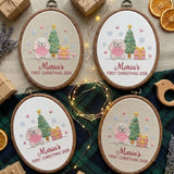 Custom Name Christmas Ornament, Baby Girl 1st Xmas Gift 2026, Cute Bunny Tree Embroidered Hoop Decor, Pink Gingham Keepsake Tree Hanging