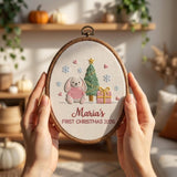 Custom Name Christmas Ornament, Baby Girl 1st Xmas Gift 2026, Cute Bunny Tree Embroidered Hoop Decor, Pink Gingham Keepsake Tree Hanging