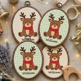 Personalized Christmas Ornament 2026, Cute Reindeer Embroidered Hoop, Custom Name Xmas Keepsake, Baby Kids Green Gingham Tree Decor