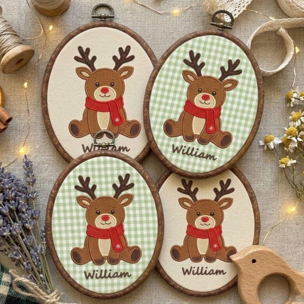 Personalized Christmas Ornament 2026, Cute Reindeer Embroidered Hoop, Custom Name Xmas Keepsake, Baby Kids Green Gingham Tree Decor