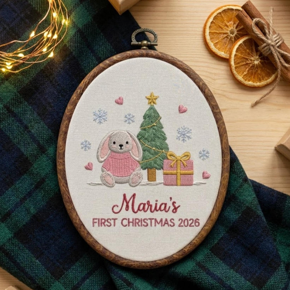 Custom Name Christmas Ornament, Baby Girl 1st Xmas Gift 2026, Cute Bunny Tree Embroidered Hoop Decor, Pink Gingham Keepsake Tree Hanging