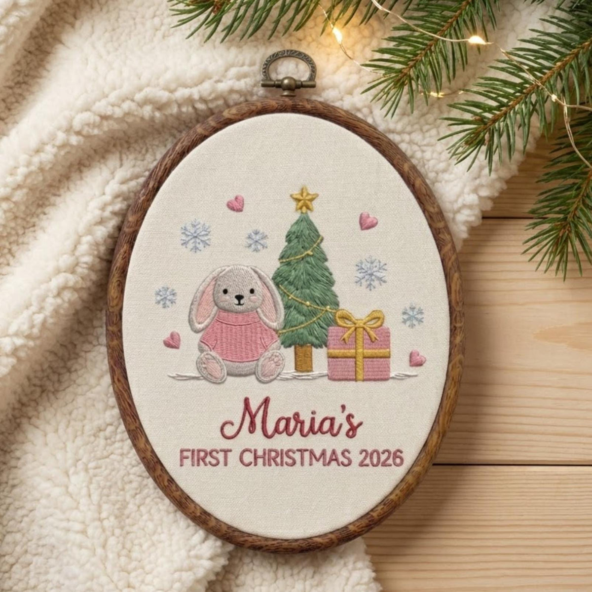 Custom Name Christmas Ornament, Baby Girl 1st Xmas Gift 2026, Cute Bunny Tree Embroidered Hoop Decor, Pink Gingham Keepsake Tree Hanging