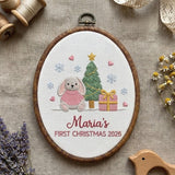 Custom Name Christmas Ornament, Baby Girl 1st Xmas Gift 2026, Cute Bunny Tree Embroidered Hoop Decor, Pink Gingham Keepsake Tree Hanging