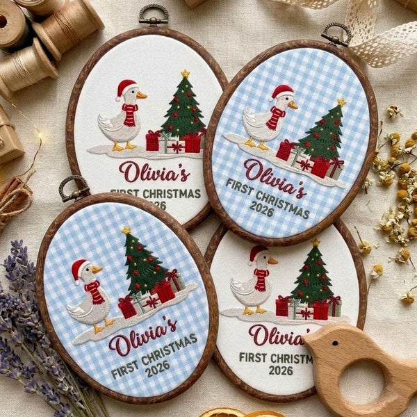 Custom Name Christmas Ornament, Baby 1st Xmas Gift 2026, Embroidered Duck Tree Hoop Decor, Blue Gingham Farmhouse Keepsake Tree Hanging