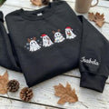 Custom Christmas Ghost Embroidered Sweatshirt, Spooky Holiday Sleeve Name Crewneck