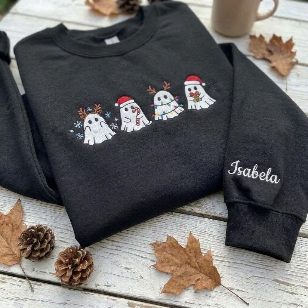 Custom Christmas Ghost Embroidered Sweatshirt, Spooky Holiday Sleeve Name Crewneck
