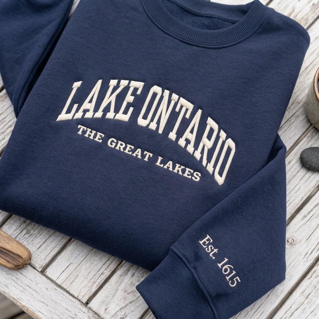 Custom Embroidered Lake Ontario Sweatshirt, Great Lakes Sleeve Est Date Crewneck