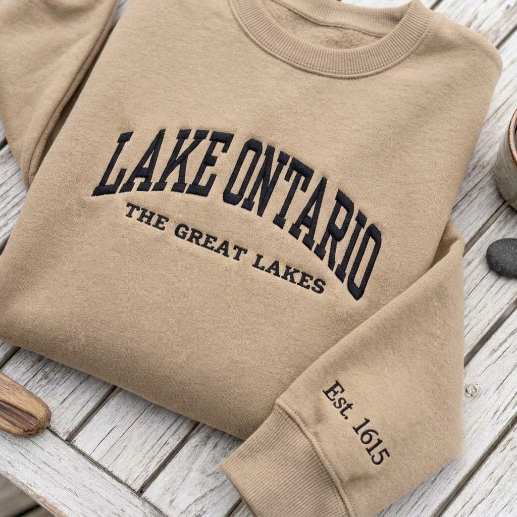 Custom Embroidered Lake Ontario Sweatshirt, Great Lakes Sleeve Est Date Crewneck