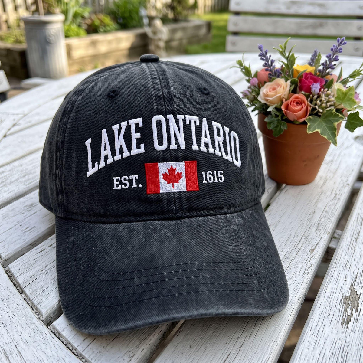 Custom Lake Ontario Embroidered Hat, Vintage Canada Flag Baseball Cap, Personalized Great Lakes Dad Hat, Washed Cotton Lake Vacation Gift