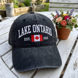 Custom Lake Ontario Embroidered Hat, Vintage Canada Flag Baseball Cap, Personalized Great Lakes Dad Hat, Washed Cotton Lake Vacation Gift