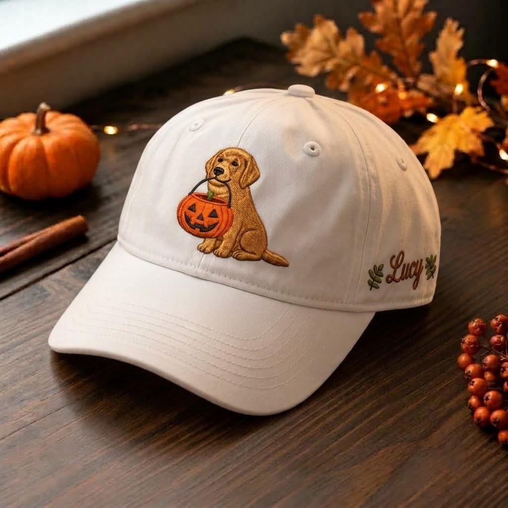 Golden Retriever Pumpkin Embroidered Hat, Cute Halloween Dog Baseball Cap, Fall Pet Lover Gift