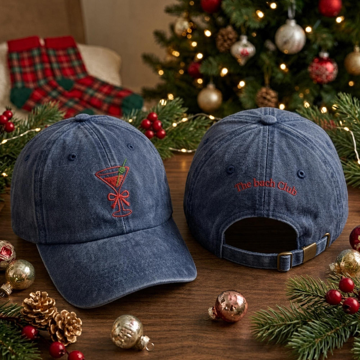 The Bach Club Christmas Martini Embroidered Hat, Holiday Cocktail Bachelorette Party Baseball Cap