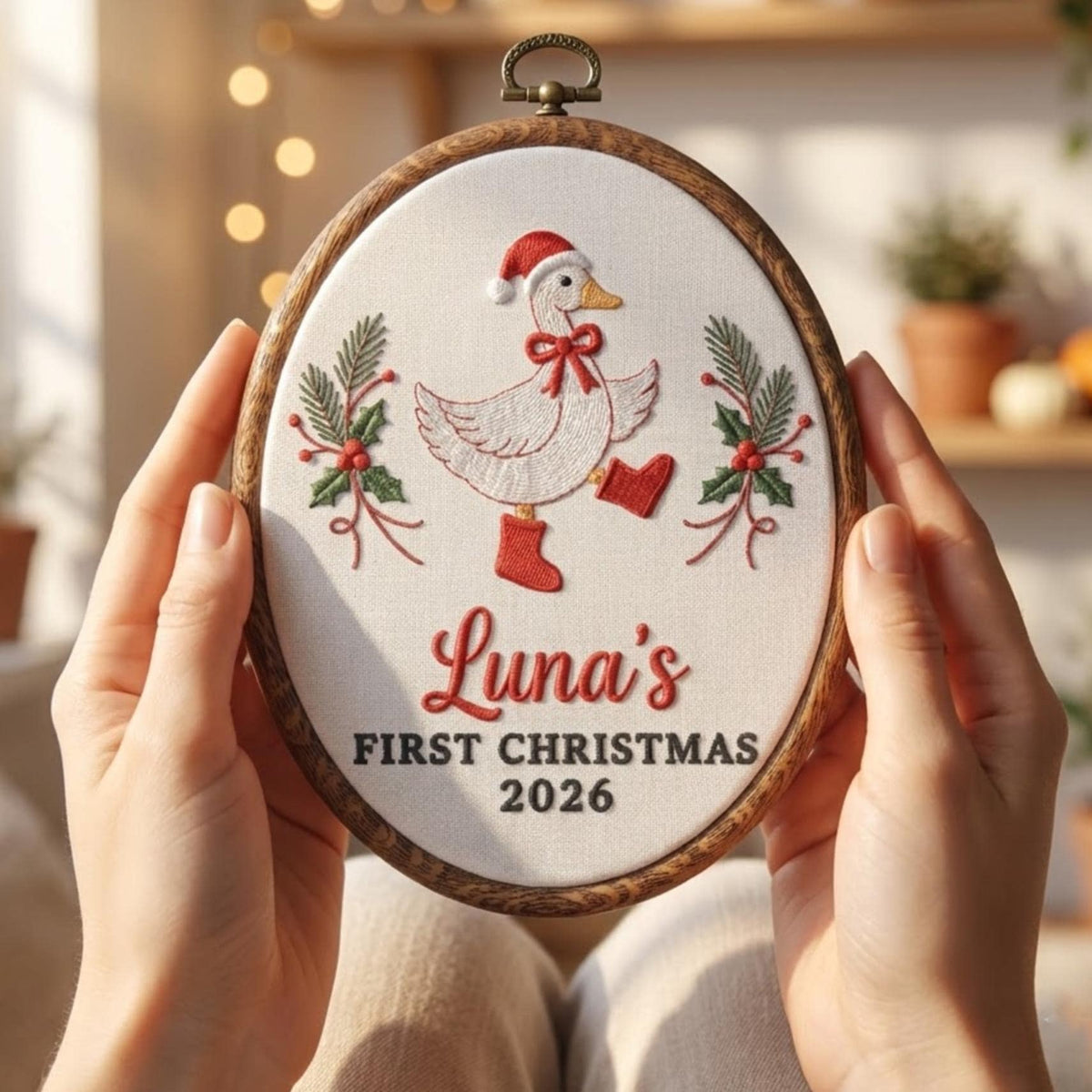 Personalized Baby 1st Christmas Ornament 2026 - Embroidered Goose in Boots Hoop Keepsake