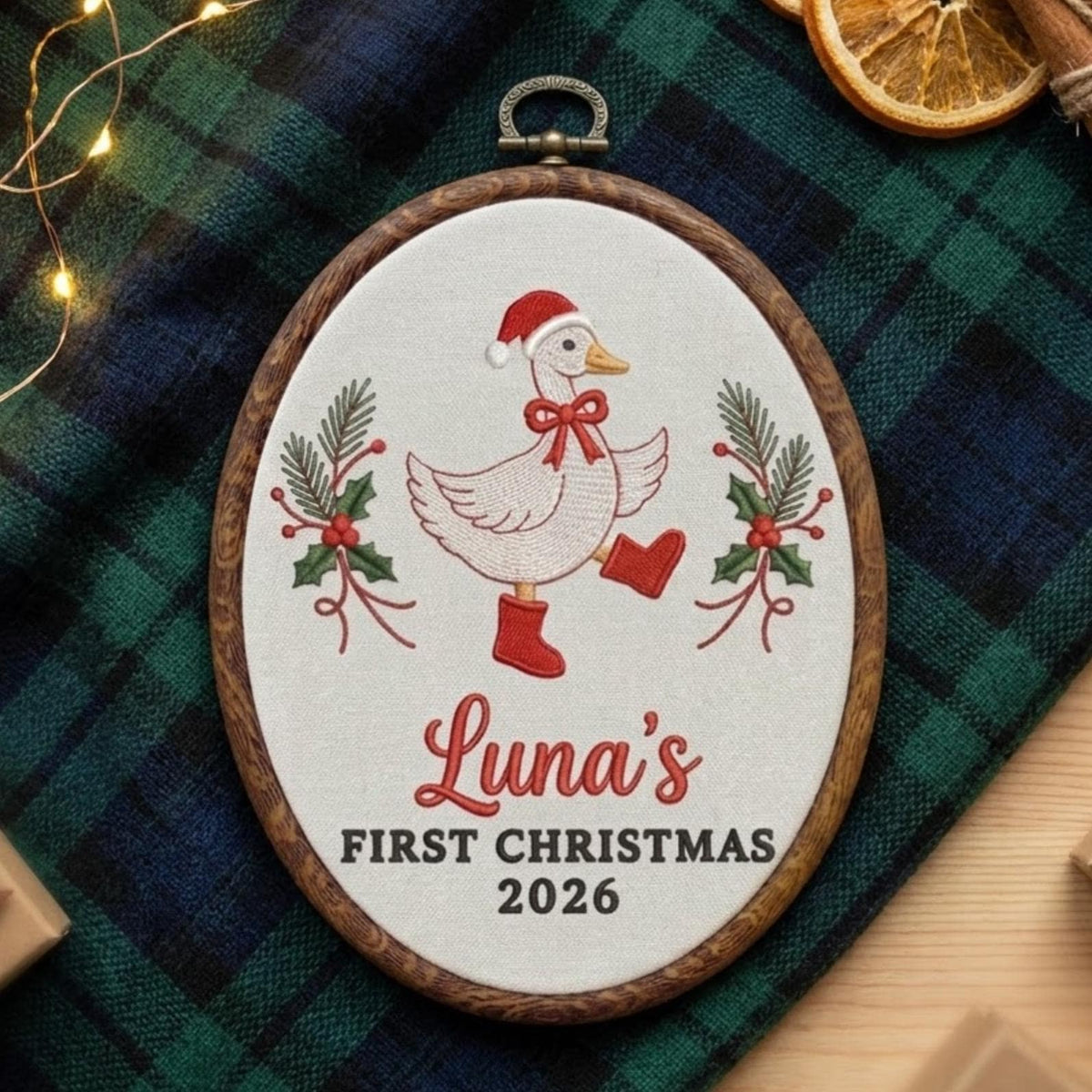 Personalized Baby 1st Christmas Ornament 2026 - Embroidered Goose in Boots Hoop Keepsake