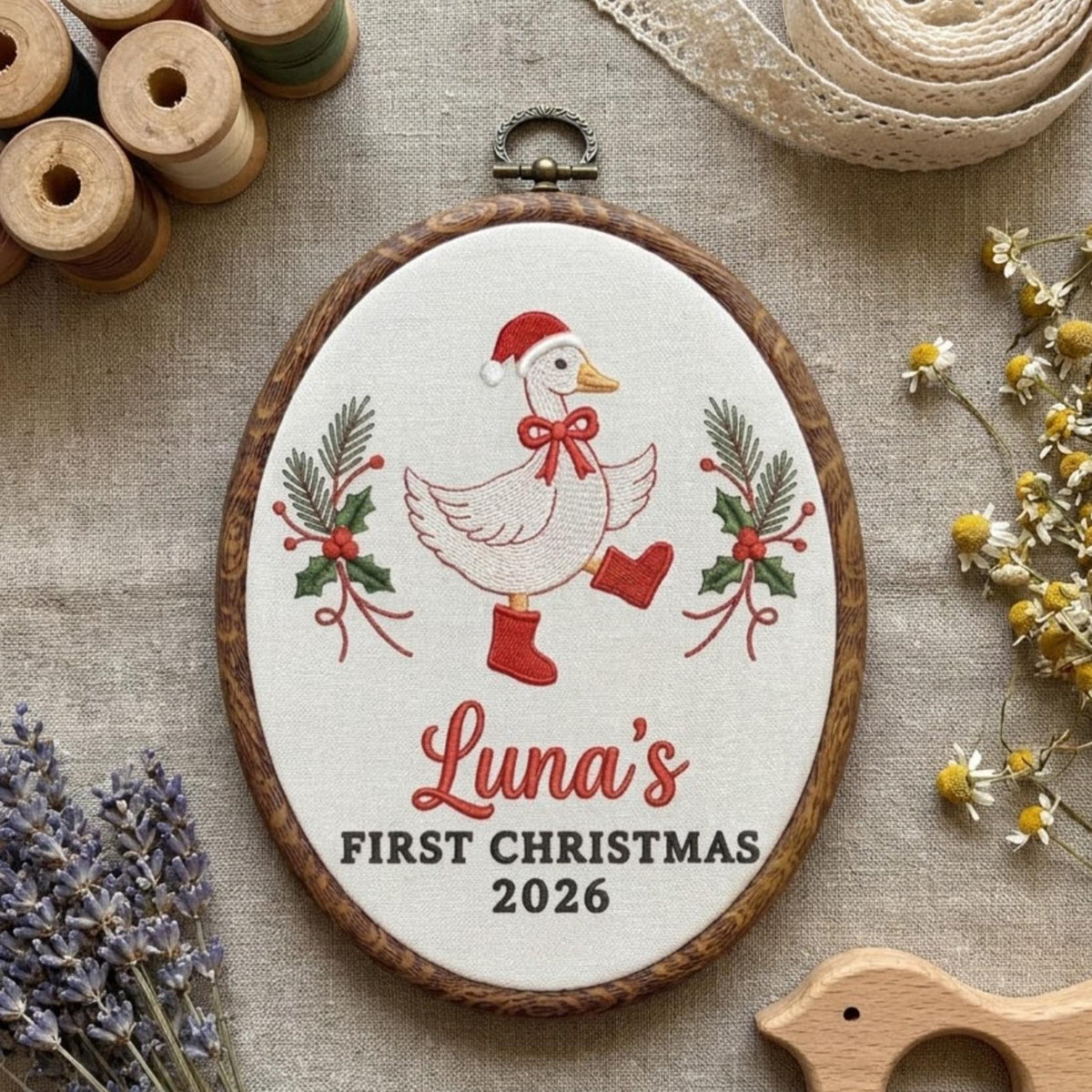 Personalized Baby 1st Christmas Ornament 2026 - Embroidered Goose in Boots Hoop Keepsake