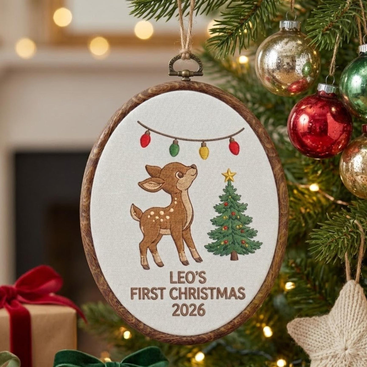 Personalized Baby First Christmas Ornament 2026, Cute Deer Fawn Embroidered Hoop, Custom Name Xmas Keepsake, Newborn Woodland Gift