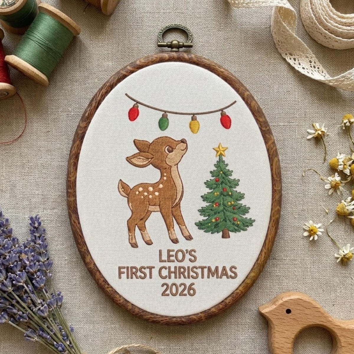 Personalized Baby First Christmas Ornament 2026, Cute Deer Fawn Embroidered Hoop, Custom Name Xmas Keepsake, Newborn Woodland Gift