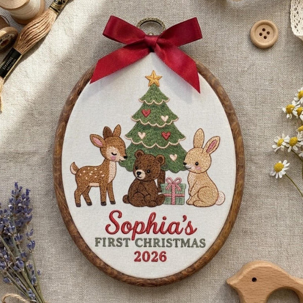 Custom Name Christmas Ornament, Baby Girl 1st Xmas Gift 2026, Embroidered Woodland Friends Hoop Decor, Forest Animals Keepsake Tree Hanging