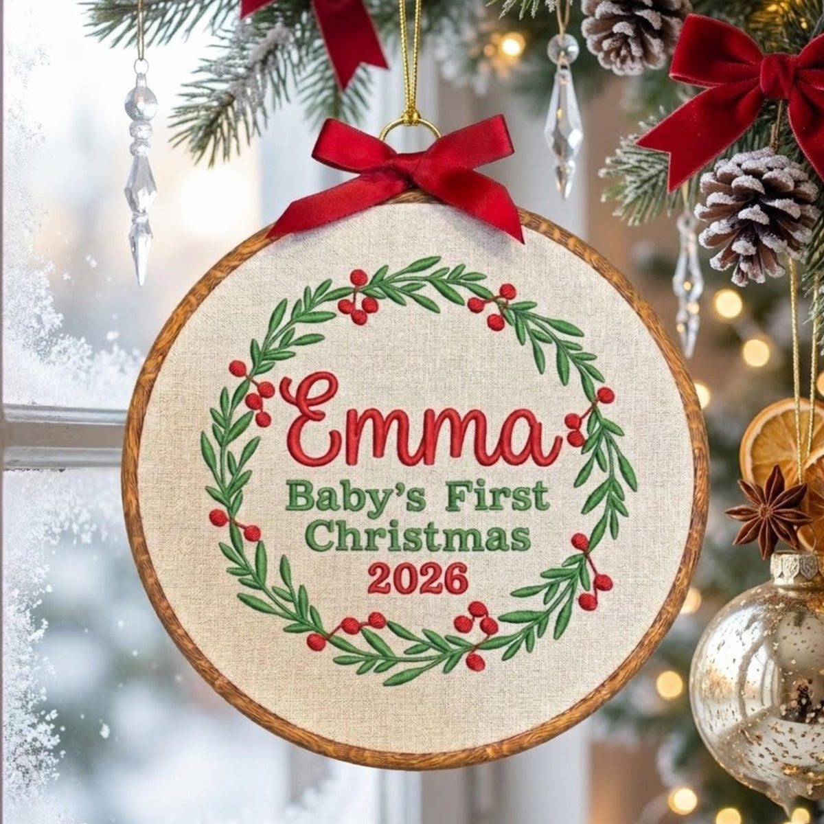 Custom Name Christmas Ornament, Baby 1st Xmas Gift 2026, Embroidered Botanical Wreath Hoop, Oval Wood Frame Keepsake Hanging Tree Decor