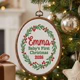 Custom Name Christmas Ornament, Baby 1st Xmas Gift 2026, Embroidered Botanical Wreath Hoop, Oval Wood Frame Keepsake Hanging Tree Decor