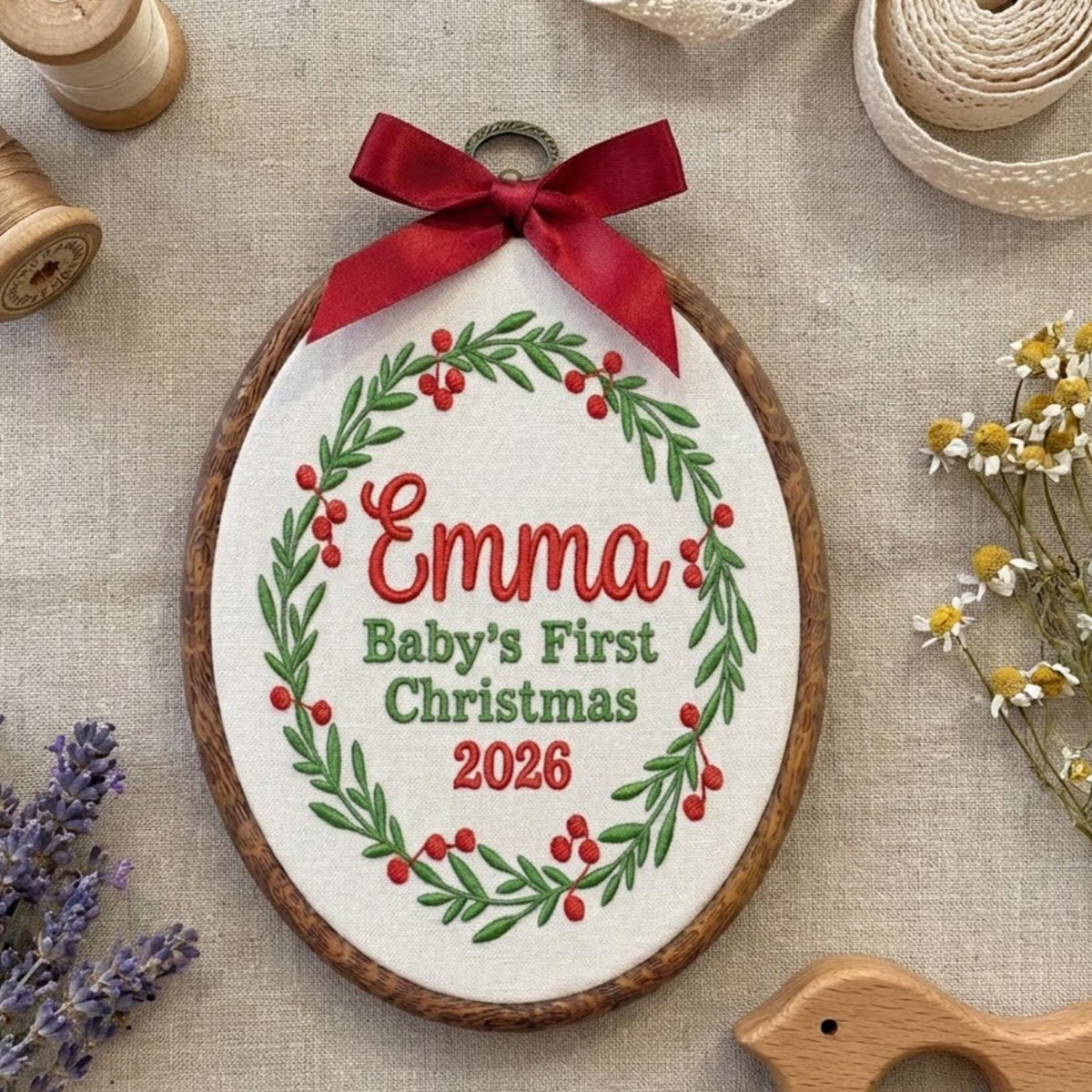 Custom Name Christmas Ornament, Baby 1st Xmas Gift 2026, Embroidered Botanical Wreath Hoop, Oval Wood Frame Keepsake Hanging Tree Decor