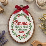 Custom Name Christmas Ornament, Baby 1st Xmas Gift 2026, Embroidered Botanical Wreath Hoop, Oval Wood Frame Keepsake Hanging Tree Decor