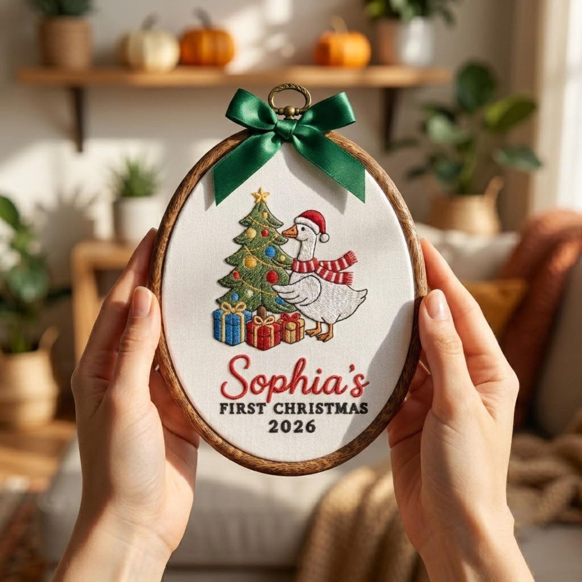 Custom Name Christmas Ornament, Baby Girl 1st Xmas Gift 2026, Embroidered Goose Tree Hoop Decor, Oval Wood Frame Keepsake Hanging Ornament