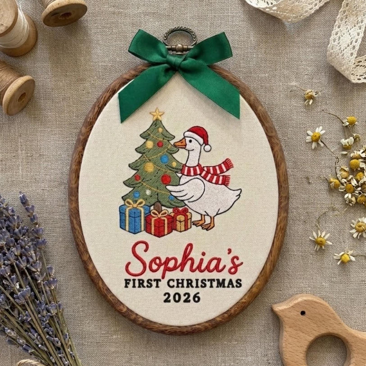 Custom Name Christmas Ornament, Baby Girl 1st Xmas Gift 2026, Embroidered Goose Tree Hoop Decor, Oval Wood Frame Keepsake Hanging Ornament