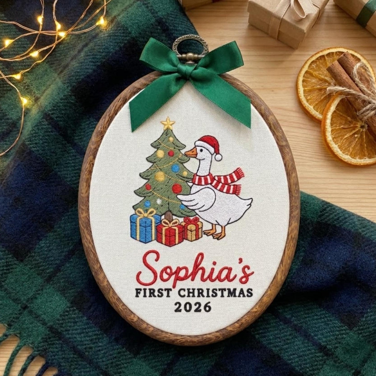 Custom Name Christmas Ornament, Baby Girl 1st Xmas Gift 2026, Embroidered Goose Tree Hoop Decor, Oval Wood Frame Keepsake Hanging Ornament