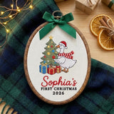 Custom Name Christmas Ornament, Baby Girl 1st Xmas Gift 2026, Embroidered Goose Tree Hoop Decor, Oval Wood Frame Keepsake Hanging Ornament