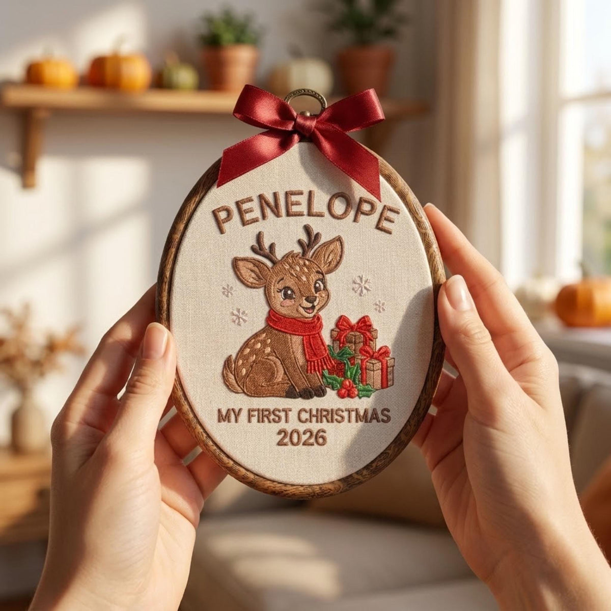 Baby First Christmas Ornament 2026, Cute Deer Fawn Embroidered Hoop, Blue Gingham Keepsake, Newborn Woodland Xmas Decor