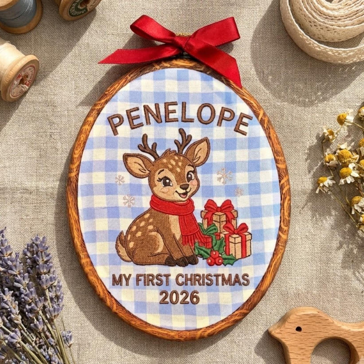 Baby First Christmas Ornament 2026, Cute Deer Fawn Embroidered Hoop, Blue Gingham Keepsake, Newborn Woodland Xmas Decor