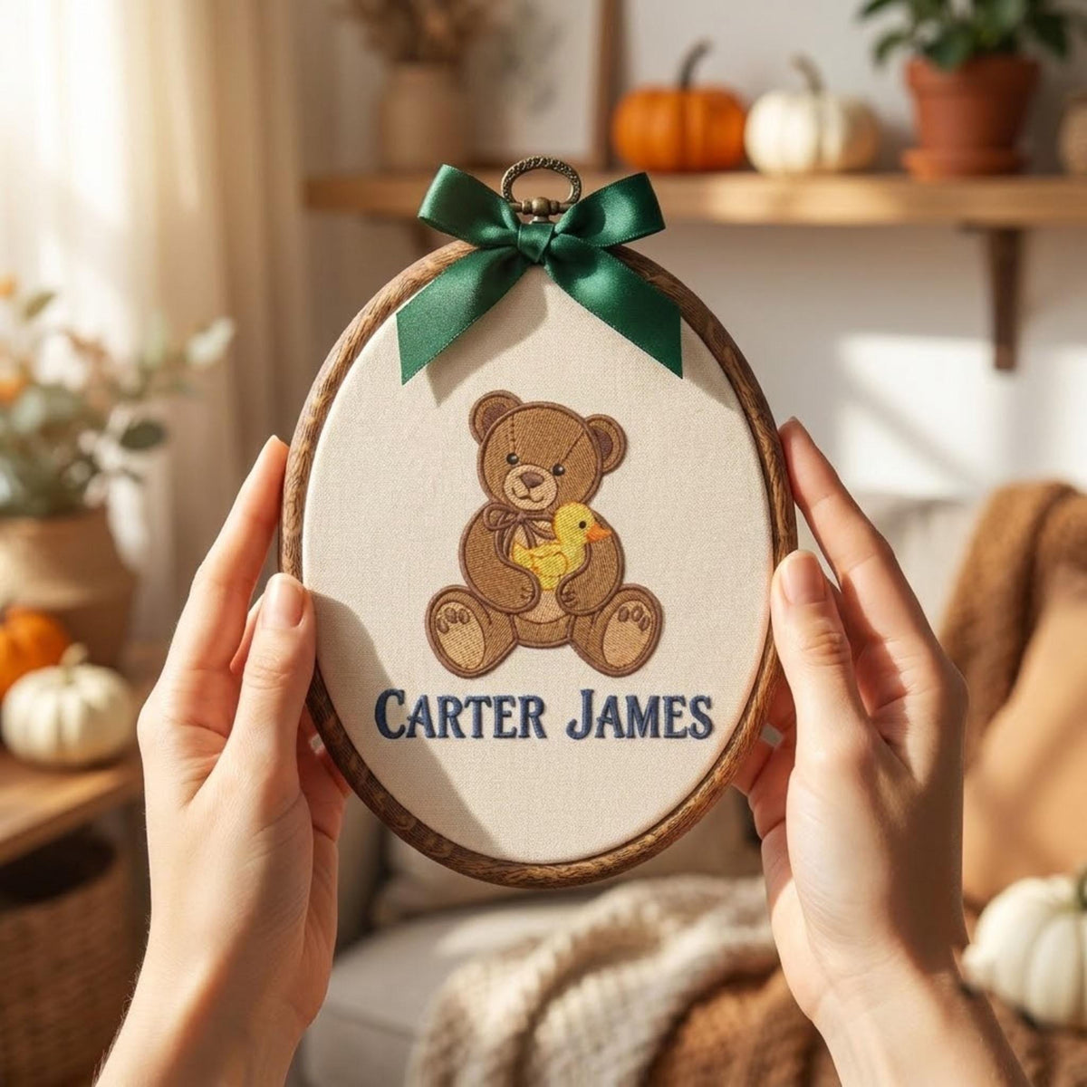 Custom Name Baby Keepsake Ornament, Cute Teddy Bear with Duck Hoop Art, Blue Pinstripe Nursery Decor, Personalized New Baby Gift 2026