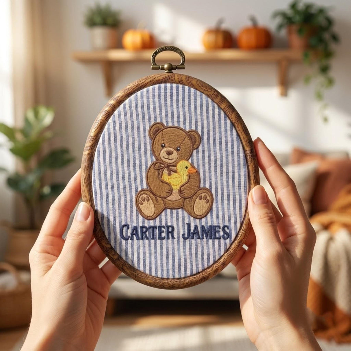 Custom Name Baby Keepsake Ornament, Cute Teddy Bear with Duck Hoop Art, Blue Pinstripe Nursery Decor, Personalized New Baby Gift 2026