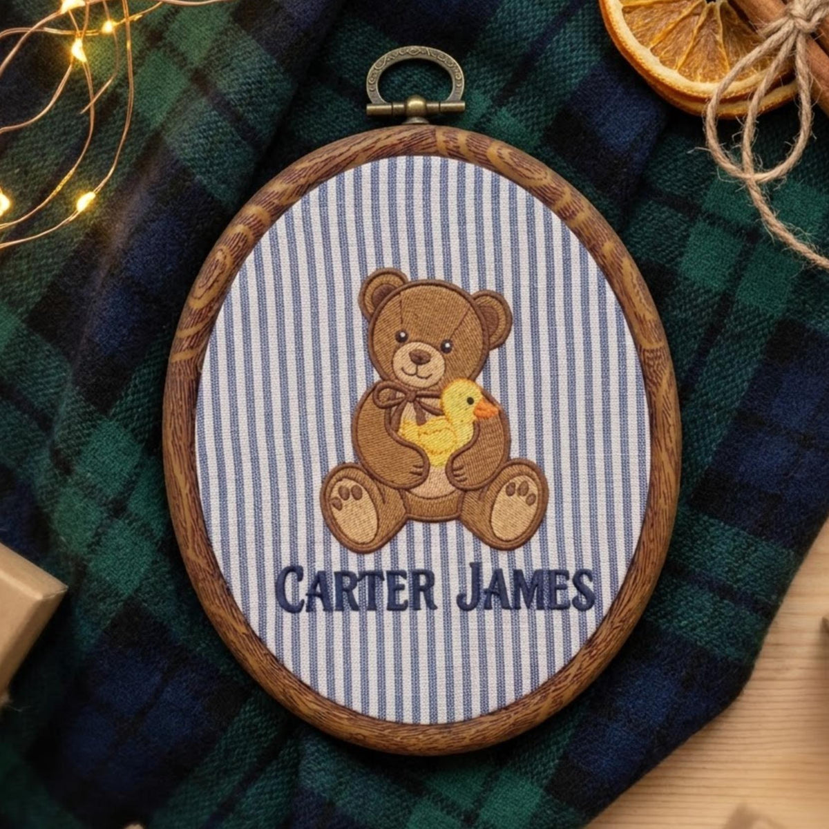 Custom Name Baby Keepsake Ornament, Cute Teddy Bear with Duck Hoop Art, Blue Pinstripe Nursery Decor, Personalized New Baby Gift 2026