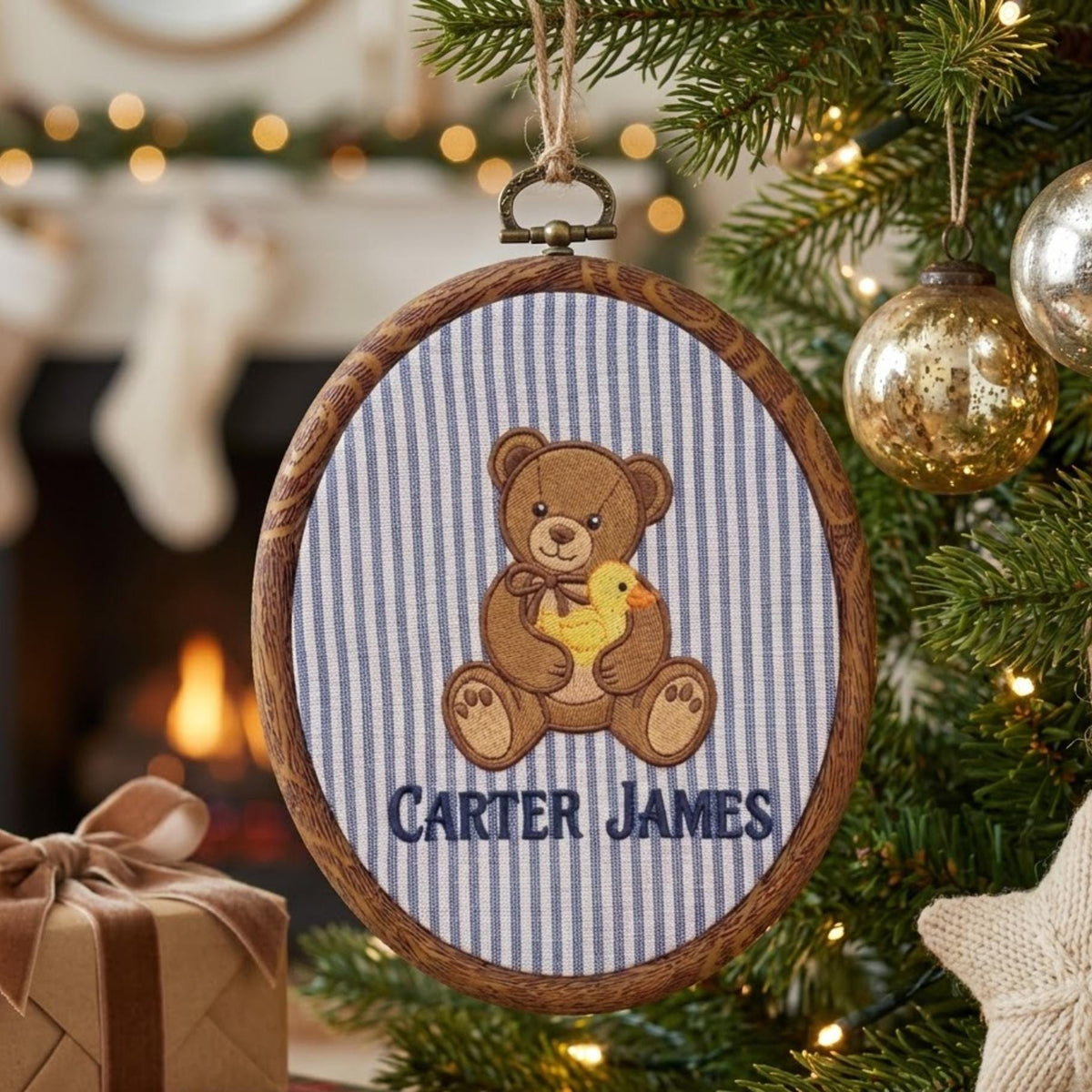 Custom Name Baby Keepsake Ornament, Cute Teddy Bear with Duck Hoop Art, Blue Pinstripe Nursery Decor, Personalized New Baby Gift 2026