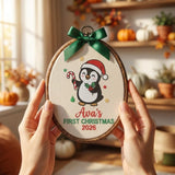 Personalized Baby Girl 1st Christmas Ornament 2026 - Embroidered Penguin Candy Cane Hoop