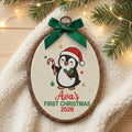 Personalized Baby Girl 1st Christmas Ornament 2026 - Embroidered Penguin Candy Cane Hoop