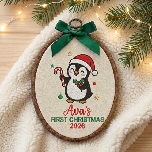 Custom Name Christmas Ornament, Baby Girl 1st Xmas Gift 2026, Embroidered Penguin Candy Cane Hoop Decor, Wood Frame Tree Keepsake Ornament