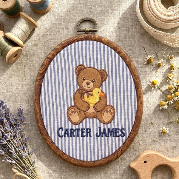 Custom Name Baby Keepsake Ornament, Cute Teddy Bear with Duck Hoop Art, Blue Pinstripe Nursery Decor, Personalized New Baby Gift 2026