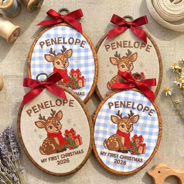 Baby First Christmas Ornament 2026, Cute Deer Fawn Embroidered Hoop, Blue Gingham Keepsake, Newborn Woodland Xmas Decor
