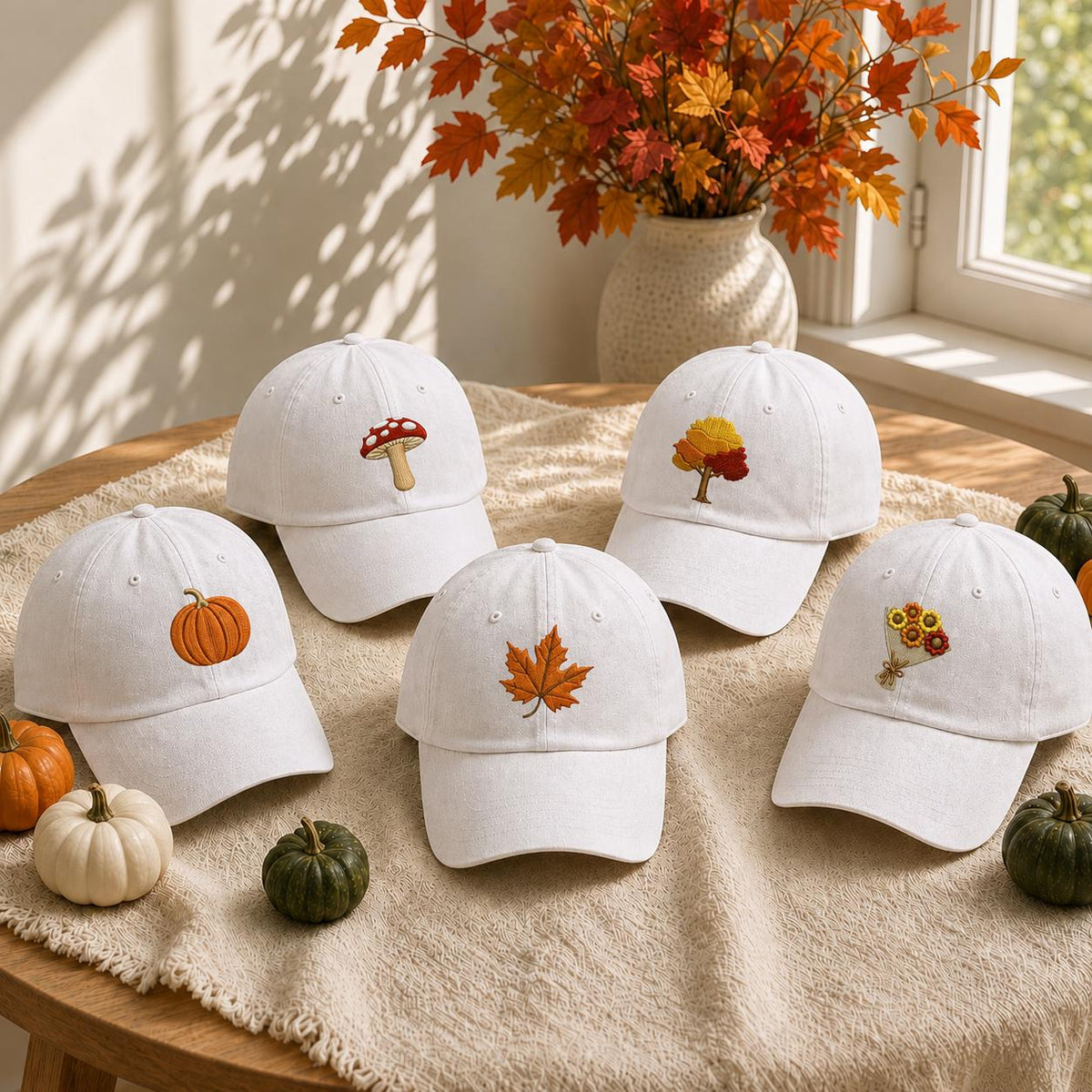 Fall Nature Icons Embroidered Hat, Autumn Leaves Pumpkin Baseball Cap, Harvest Season Gift