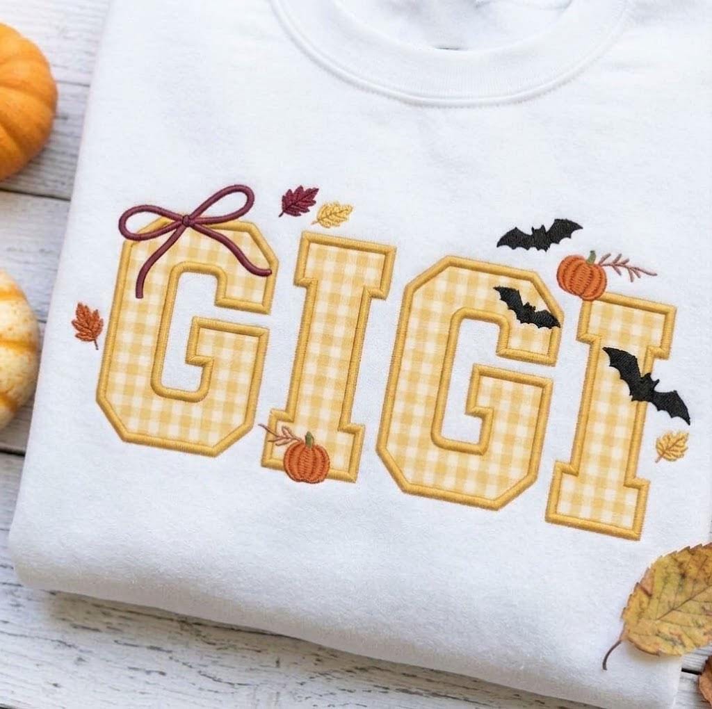 Custom Halloween Mama Applique Sweatshirt, Gigi Grandma Gingham Embroidered Crewneck