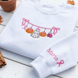 Custom Breast Cancer Ghost Sweatshirt, Pink Ribbon Sleeve Name Halloween Crewneck